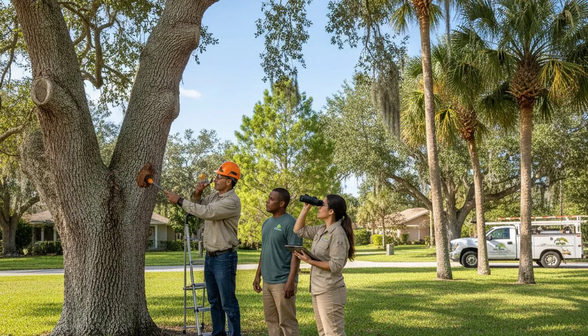 Certified arborist performing tree health assessment for homeowners in Apollo Beach, FL