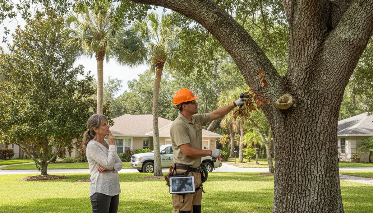 Certified arborist performing tree health assessment in Thonotosassa, FL for Tampa tree service company